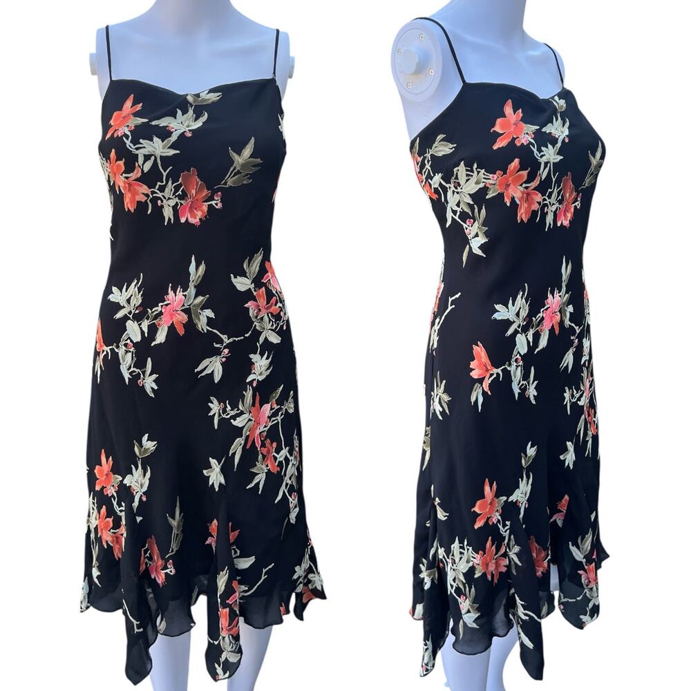 90s Y2K Lily Black Floral Chiffon Midi Dress Handkerchief Hem Women’s Large USA